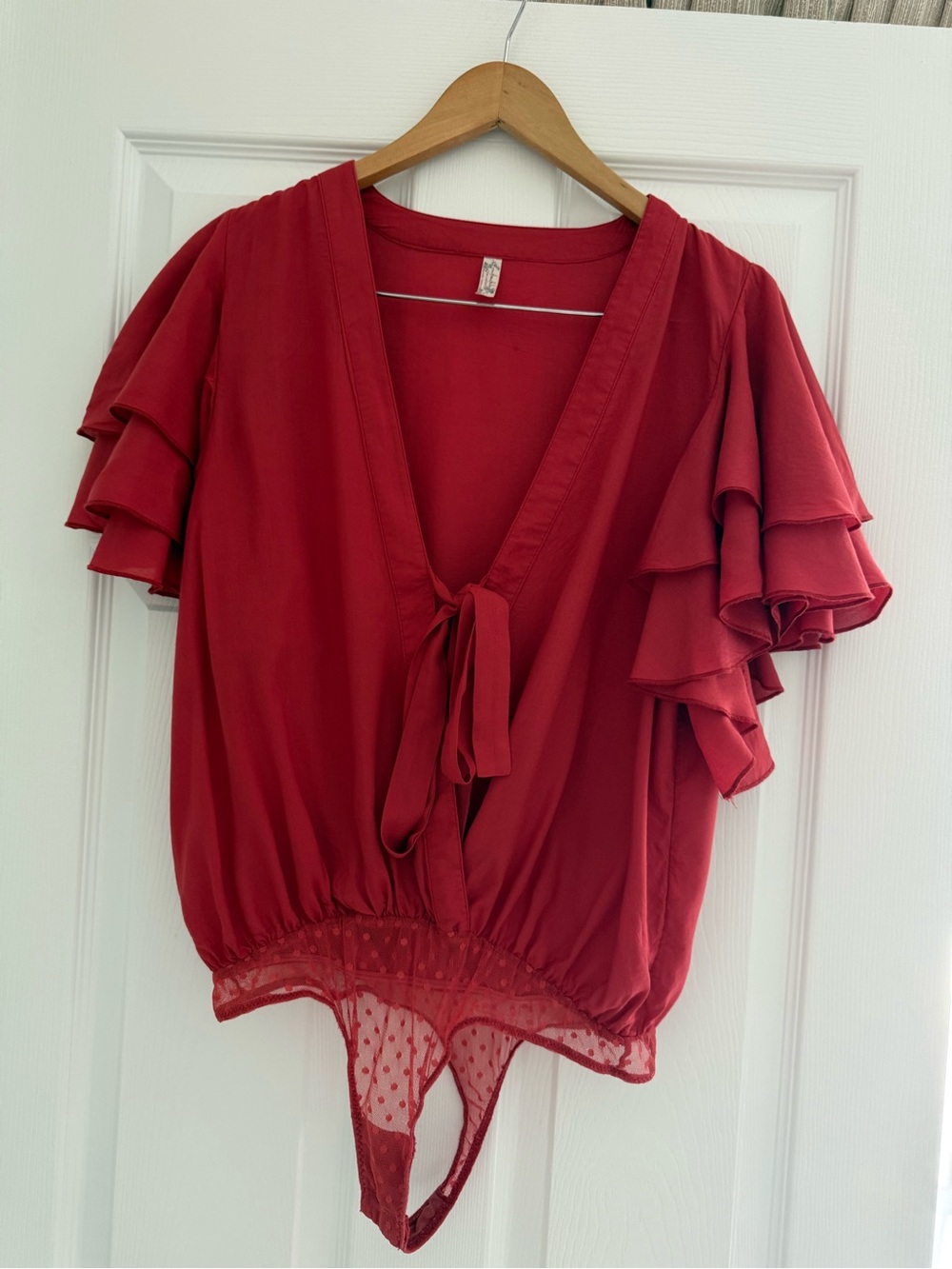 Intimately Free People Red Ruffle Sleeve Thong Bodysuit Size M